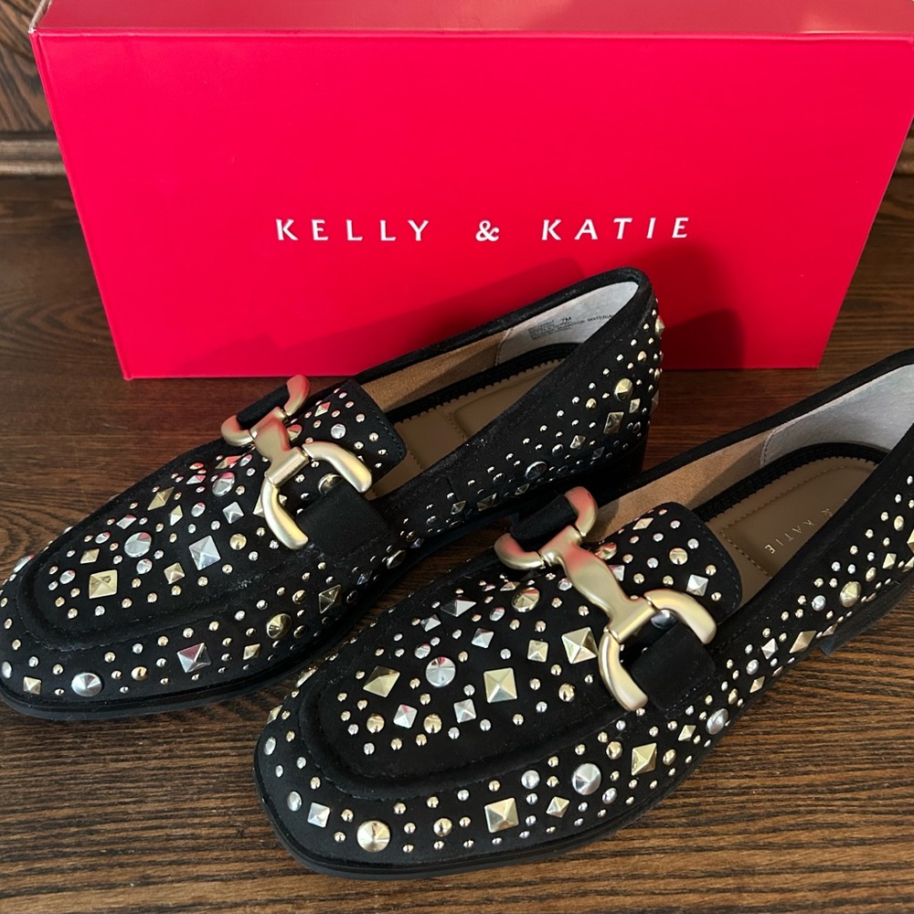 Kelly & Katie Black Loafers with Metallic Detail